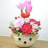 [エルフルール]生花 くまバスケット ピンク系チューリップ アレンジメント フラワーギフト 花 ギフト プレゼント 誕生日祝い お祝い 贈り物