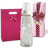TEATSIGHT お名前入り 哺乳びん 名入れ 彫刻 フラワーベアー 240ml ガラス製 (ピンクラッピング)