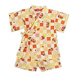 甚平 ベビー 女の子 綿100% いちご市松柄 じんべい スーツ上下 祭 子供甚平 オレンジ 80cm