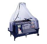 プレイヤード ベビーベッド 折りたたみ BROTISH ベビーサークル 転覆防止 天蓋蚊帳付 オムツ交換台付 ミュージカルモビール付 ネイビーブルー