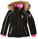 U.S. Polo Assn. Girls' Little Girls' Bubble Jacket with Faux Fur Trimmed Hood Black/Fuchsia Zipper P