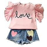 Cutelove 女の子　キッズ　ベビー服　夏　ホワイトふわふわ飛び袖Tシャツ＆デニムのショートパンツ　英字　パール飾り　心柄　二点セット　スーツ　普段着　カジュアル　可愛い