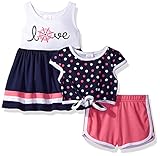 Youngland Baby Girls' 3 Pc Set Dress Polka Dot Pop-Over Top Knit Short Navy/White/Pink 18M [並行輸入品]