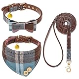 BINGPET 犬 首輪 バンダナ リード セット 犬の首輪 鈴付き 犬 リード ベーシック首輪 チェック 調節可能 革製 柔らかい かわいい おしゃれ 超軽量 通気性 ハンドル付き 胴輪 散歩 出かけ 金属リング メッシュ 猫 ねこ キャット しつけ 訓練 散歩 ペット用品 子犬 小型犬 中型犬 大型犬 柴犬 秋田犬 (ブルー, SM)