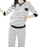 妊婦 用 ボーダー マタニティ ルーム ウェア 授乳服 パジャマ 家着 (ホワイト M)