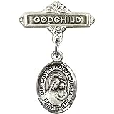 スターリングシルバー赤ちゃんバッジwith our Lady of Good CounselチャームとGodchildバッジピン1 x 5 / 8インチ