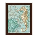 ダマスクSeahorseライト緑:タツノオトシゴ貝貝とコーラルVictorianヴィンテージNauticalライン図面on Seafoam Green Celadon canvas-patternのビ