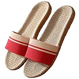 [Confis] スリッパ リネン 亜麻 室内 ルームシューズ 通気性 前開 軽量 滑り止め 厚底 涼感 メンズ レディース（S・レッド）