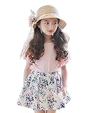 FEVON　セットアップ　子供服　女の子　上下　2点セット　夏　Tシャツ+スカート　半袖　花柄　可愛い　ガールズ　キッズ　フリル袖　スカートにパンツ付き　カジュアル　普段着　通園　通学