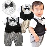 上品　おしゃれ　アスコットタイ(80cm(70-80cmくらい), ベージュ)　男の子 ロンパース スーツ フォーマル 子供服 半袖 アスコット　ネクタイ付き 結婚式 七五三 お食い初め　新生児 幼児