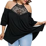 ieasonレディースプラスサイズソリッドレースパッチワークバックレスLayerスリーブ不規則なトップスブラウス 2XL ブラック