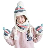 Toyobuy(トヨベイ) 女の子 男の子 キッズ ベビー 裏起毛 秋冬 可愛い 耳まで 帽子 耳あて付 ニット ハット 手袋 ネッカチーフ スカーフ マフラー 3点セット 白色