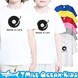 7MILE OCEAN 半袖 Tシャツ プリント キッズ ベビー 子供服 男の子 女の子 ジュニア レコード 音楽 DJ 白 黒 紺 グレー ピンク ブラウン 90 100 110 120 130 1