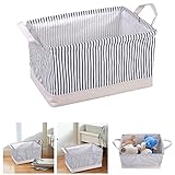 Yescom 収納ボックス ランドリーバスケット 折りたたみ 取って付き ストライプストレージボックス 綿麻 布製 ランドリーボックス 脱衣かご 洗濯かご 防水 ネービー Mサイズ 37×26×22cm