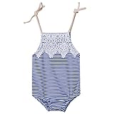 Happyハッピー耳　ベビー　女の子　ロンパース　ストライプ　ガーター　夏　ノースリーブ　　レース　花　可愛い　ブルー　70　80　90　100　 (90)