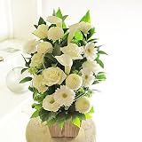 [KY127-1]供花アレンジメント　G&W Basket（グリーン・白系）＜　自宅のお供え花　仏壇花　枕花に　＞