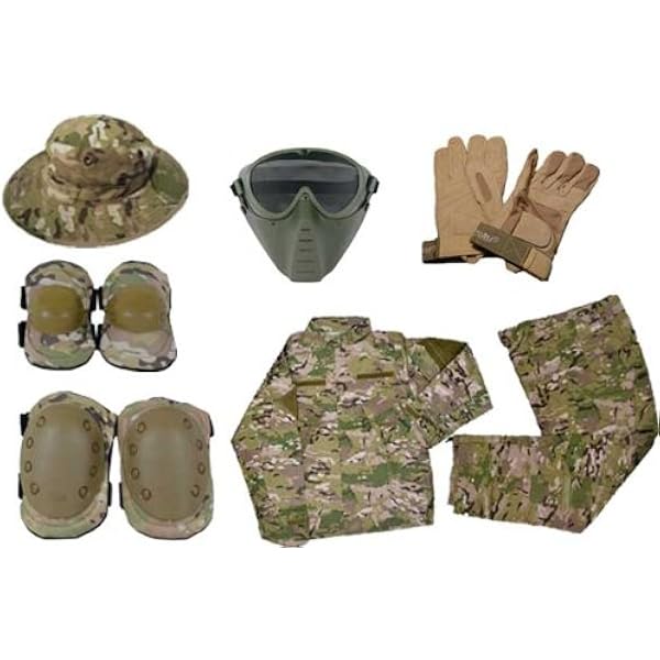 サバゲー 初心者応援セット 迷彩服 ハット フェイスガード グローブ ニー エルボーパット マルチカモ M 戦闘服 通販 Amazon