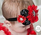 ☆エレガントな素材感サテンとチュールのフラワーヘアバンド☆ブラック＆レッド