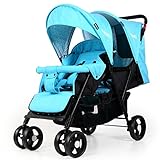 (Newox) 二人乗りベビーカー 2人乗り ベビーカー 両シートともリクライニング機能付き 大容量物置カゴ (ブルー)