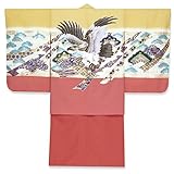 七五三 5歳 男の子 羽織と着物アンサンブル 合繊「黄色×ピンク系 鷹に熨斗」AKI1742