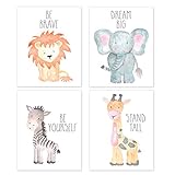 セットの4サファリ保育園ベビーキッズ部屋壁Prints、ベビー動物肖像画ライオン象Zebra Giraffe保育園アート、保育園インテリア、ベビーキッズ部屋、壁アート、フレームなし 11x14"