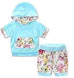 ベビー女の子花柄ステッチ半袖フード付きポケット+ショートパンツセット2ピースの服装 カラー: ブルー