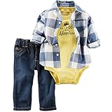 カーターズ carter's 男の子用青チェック長袖シャツ+半袖ボディスーツ+ジーパン上下3点セット (24months(83-88cm)) [並行輸入品]