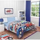 3 Piece KidsブルーレッドFiretruck消防車寝具幼児用ベッドセット、グレーイエローCop Car掛け布団Ambulance Automobileストライプチェック模様パターンストライプ