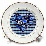 CP _ 25355 Janna Salak Designsプリントとパターン – ブルーペイズリーハートonブルーandホワイトチェック – プレート 8 inch Porcelain Plate 