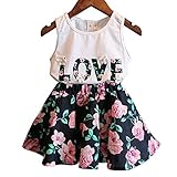 キッズ 女の子ノースリーブアルファベットチョッキ+花柄ショートスカート誕生日子供の日に 夏着 2点セット (130)