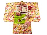 式部浪漫 ブランド 7歳用 四ッ身着物 結び帯・箱せこセット 総柄 黄色着物 さくら柄帯 7kk-11
