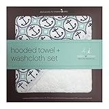 aden + anais Muslin Hooded Towel & Washcloth Set, Ahoy Baby Nautical Anchors by aden + anais