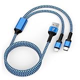 2in1 充電ケーブル 1.2M 2.4A&3A急速充電 USB-A アイフォン 充電ケーブル Haoano タイプc/lightning USBケーブル マルチコネクタケーブル 2イン1 充電コード iPhone 17 Pro Max/16/15/14/13/12/SE/iPad Air/Mini/Galaxy S24/S23 ブルー