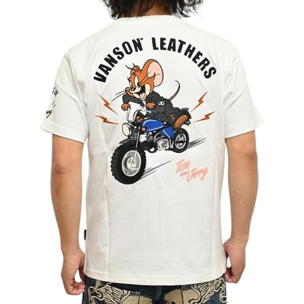 VANSON×トム＆ジェリー バイク×トムとジェリー 刺繍 天竺 半袖 Tシャツ