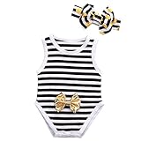 Happyハッピー耳　ベビー　女の子　ロンパース　ストライプ　縞模様　ティアラ付き　ゴールド　蝶結び　夏　ノースリーブ　シンプル　ブラック　ホワイト　70　80　90　100　 (90)