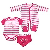 赤ちゃん・ベビー ガールズ ボーダー ベビー服3点セット ベビーシャワー プレゼント ギフト (長袖カバーオール・半袖ロンパース・ビブ) 女の子 (3/6ヶ月) (ピンク/ホワイト)