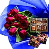 花とスイーツ ギフトセット エレガント レッドバラ　花束 と 木の実と果物のチョコレートケーキ 6個　洋菓子 写真入りメッセージカード