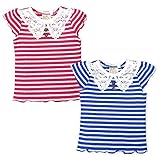 (ブルー/95cm) ベビー服 女の子 Tシャツ 半袖 シャーリング生地 ボーダー柄 レース襟 ボタン装飾 女児 ベビー