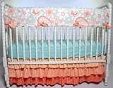 Lavender Linens Three Piece Bumperless Crib Bedding In Coral, Gray and Aqua/Mint by Lavender Linens