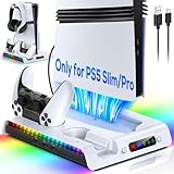 FASTSNAIL 充電スタンド PS5 Pro/スリムコンソール用冷却ファン付き 垂直コントローラー充電器ステーション RGBライト9個&ヘッドセットフック&3レベルの静音ファン PS5 Pro/Slim用クーラーアクセサリー