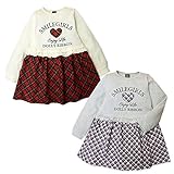 (グレー/110cm)子供服 女の子 ドッキング ワンピース 長袖 重ね着風 Dollyribbon ドーリーリボン フリル付 Tシャツ 綿ニット 刺繍ロゴ チェックスカート 女児 キッズ