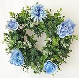 玄関飾り 造花★ユーカリ×ミックスフラワー（ブルー） リース28cm