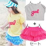 即納(韓国スタイル子供服) キッズセートアップ　半袖プリントＴシャツ＆ショートレーススカートパンツ、セート服　2Color 90cm 100cm 110cm 120cm 130cm Gray,90cm