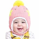 ニット帽子 キッズ あご紐 厚手 起毛 ポンポン付き 帽子 ベビ 新生児 可愛い 仮装 記念撮影 (ピンク)