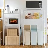 LunarLight ゴミ箱上ラック 幅60.5から-80まで*奥行42*高さ129.5cm 多機能横幅伸縮できる コンセント付きキッチンベイカーラック キッチンラック レンジ台 オーペンラック ゴミ箱収納 プリント台ラック 可動式棚板多段調整 Sフック付き 総耐荷重70kg 錆び防止 耐摩擦性 耐水性 耐熱性機能 (ホワイト)