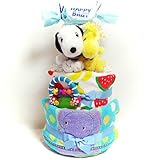 16085 おむつケーキ３段男の子　スヌーピーぬいぐるみとスタイ　Sassyサッシーおもちゃセット　オムツケーキ　キャラクター　出産祝い