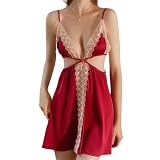 [Loradouphi] ベビードール レディース セクシーランジェリー 胸元花柄 刺繍レース スリップ シースルー リボン セクシー下着 Tバックショーツ キャミソール ネグリジェ 230203 Red-L