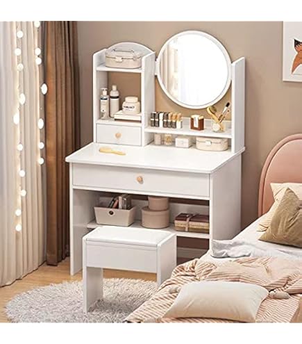 Amazon｜ドレッサー ホワイト化粧台、一体型化粧台、椅子と引き出し