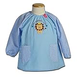子供用 幼児用 キッズ用 スモック 無地 袖はギンガムチェック 幼稚園 保育園 男の子 女の子 (110, ライオン・水色)
