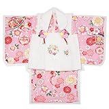 赤ちゃん着物　女の子誕生祝い着　1歳から2歳用　被布着物　初節句、セレモニー、宮参り　ベビー和装着ギフト箱入り (白被布・ピンク着物)